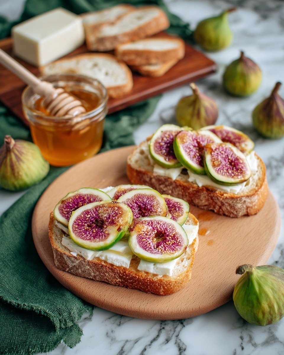Two slices of toasted bread lie side by side, each topped with two layers: the bottom layer has pale yellow cheese slices cut into squares, while the second layer displays fresh fig slices showing a bright red and pink inside with tiny seeds and thin dark purple skin. Behind them, there is a wooden board holding several slices of crusty bread with a golden-brown crust and a wedge of creamy white cheese with a soft outer rind. The background is a white marbled texture partly covered with a green cloth, and there are some whole figs and a small glass bowl with amber honey around the scene. Photo taken with an iphone --ar 4:5 --v 7