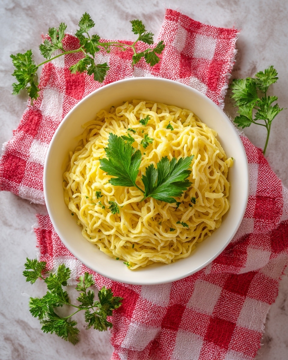 A white bowl sits on top of a red and white checkered cloth which lays on a white marbled surface. Inside the bowl is a single serving of yellow pasta, with visible creamy texture, piled in a loose mound. On top of the pasta, there are two green parsley leaves placed as garnish. Around the bowl, more parsley leaves are scattered gently on the cloth and surface. photo taken with an iphone --ar 4:5 --v 7