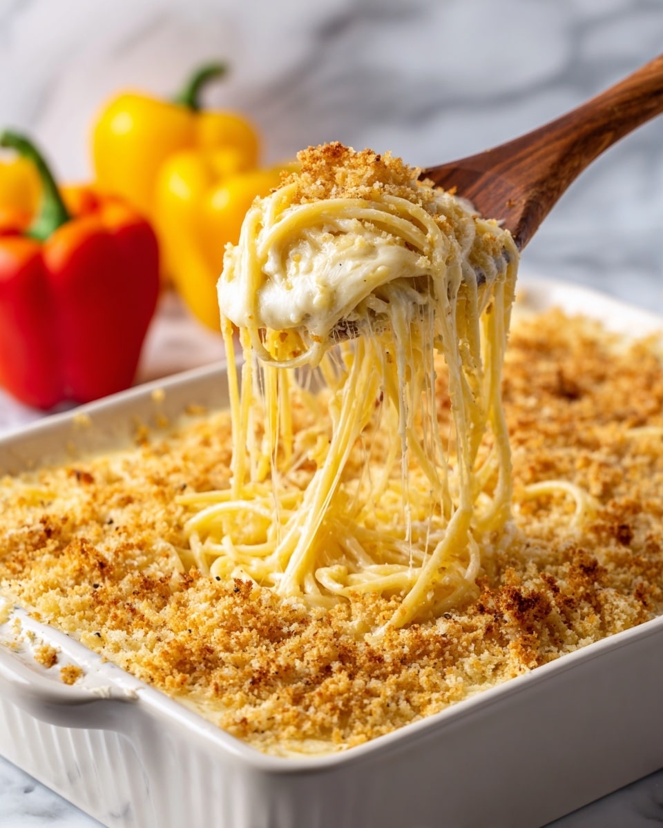 A white dish filled with two main layers: the bottom layer is creamy pasta mixed with white sauce and bits of meat, while the top layer has a thick, golden-brown crumbly crust made from breadcrumbs and cheese. Woman's hand is lifting the pasta with a wooden spoon, showing long, thin spaghetti strands covered in melted cheese stretching from the dish to the spoon, with the crumbly topping sticking to some parts of the pasta. The dish sits on a white marbled surface, and colorful blurred red and yellow shapes are in the background. Photo taken with an iphone --ar 4:5 --v 7