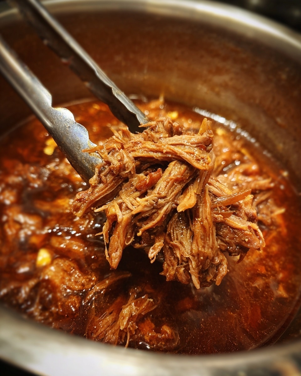 The image shows shredded brown meat with a tender, fibrous texture being lifted by silver tongs from a large silver pot filled with rich reddish-brown sauce. The sauce looks juicy and thick, coating the meat pieces which have a slightly glossy appearance. The background has a shiny silver metal surface of the pot with some blurred text and numbers. The scene is lit clearly, highlighting the steam and moisture on the cooked meat. photo taken with an iphone --ar 4:5 --v 7