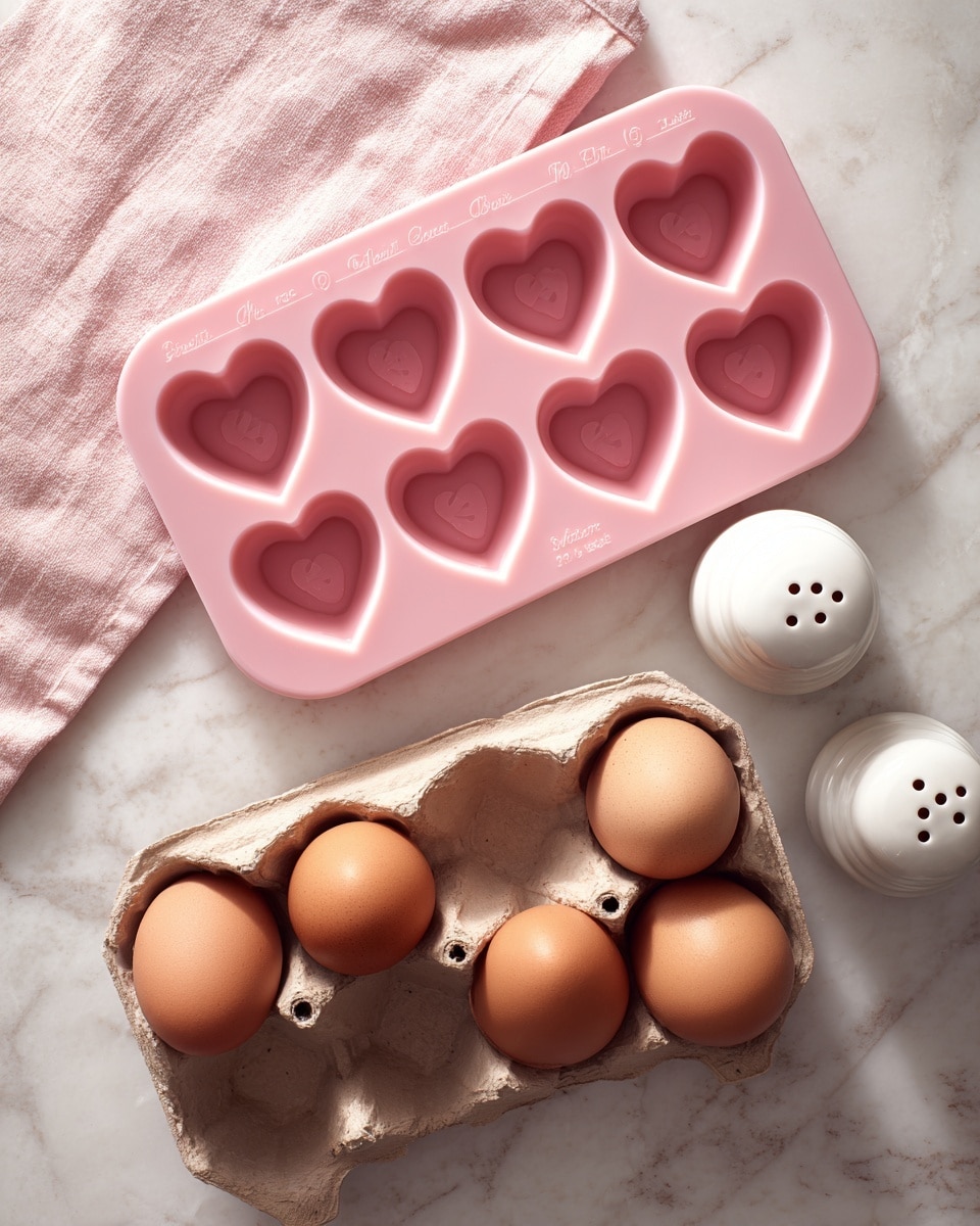 A pink silicone mold tray with six heart-shaped cavities sits on a white marbled surface. Below the tray is a cardboard egg carton holding six brown eggs with smooth shells. To the right of the tray, there are two small white ceramic shakers with tiny holes on top. The setting gives a clean, simple kitchen vibe. photo taken with an iphone --ar 4:5 --v 7
