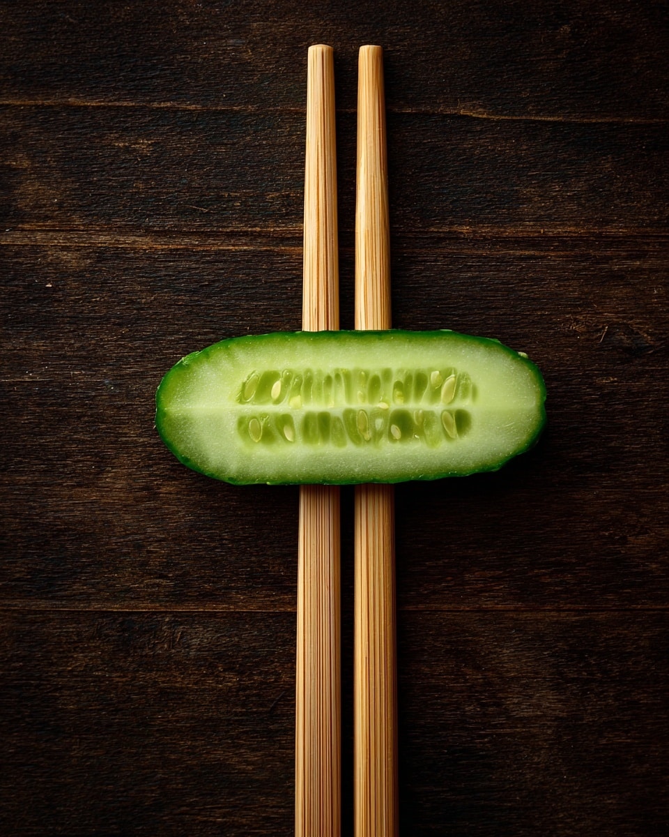 A single bright green cucumber slice is placed horizontally between two light wooden chopsticks on a dark textured surface, highlighting the fresh and smooth texture of the cucumber skin. The image is minimalist with a focus on the contrasting colors and textures of the cucumber and chopsticks photo taken with an iphone --ar 4:5 --v 7