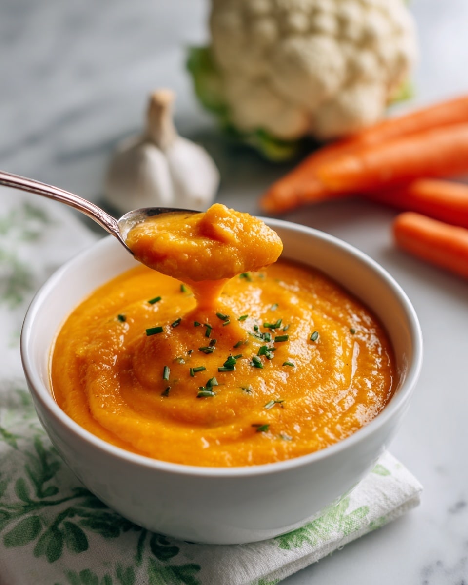 A white bowl holds a thick, bright orange soup with a smooth, creamy texture and small bits visible, topped with tiny green herb pieces scattered on top. A silver spoon scoops some soup from the bowl, resting inside it. Behind the bowl, on a white marbled surface, are raw ingredients: a whole white garlic bulb, a pale cauliflower head, and two orange carrots. The bowl is placed on a light blue patterned cloth with green and white designs. Photo taken with an iphone --ar 4:5 --v 7