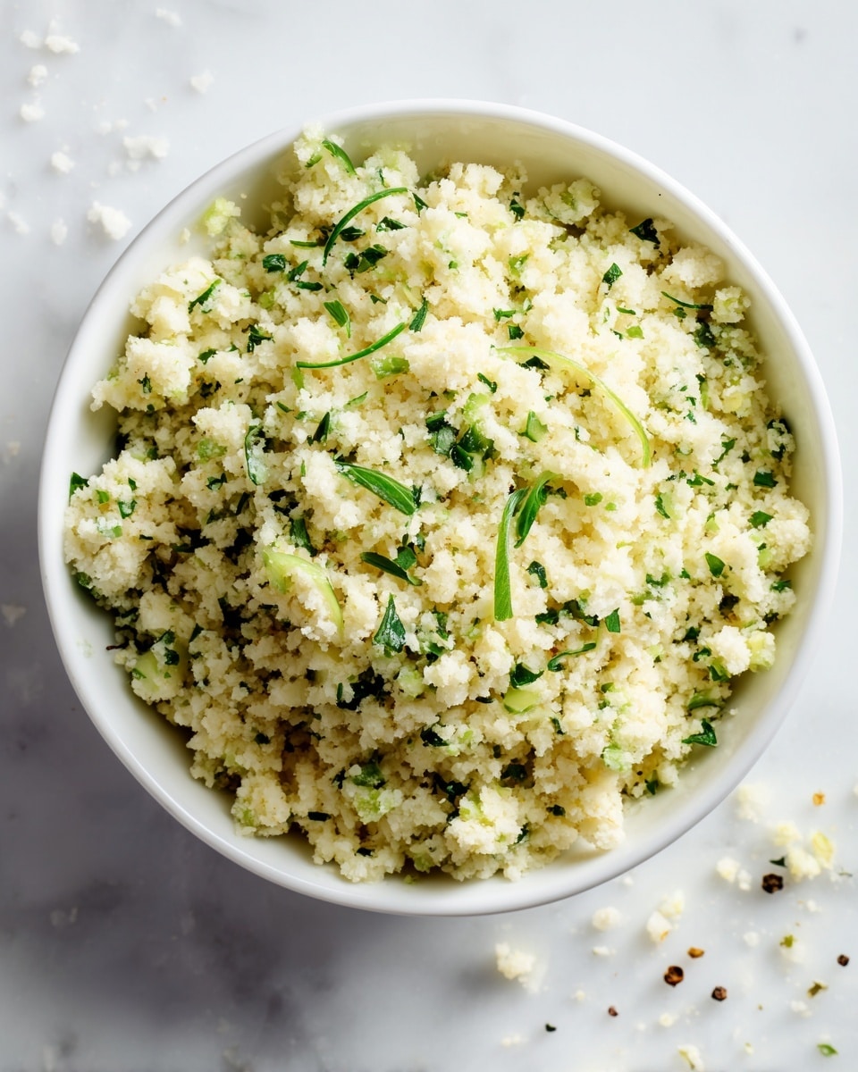 The image shows a shallow white bowl filled with a light, grainy mixture of small, off-white pieces resembling riced cauliflower. Mixed throughout are scattered bright green herb leaves, finely chopped, giving a fresh look with bits of darker spice flecks adding texture. The bowl sits on a white marbled surface. The dish appears fluffy but with a slightly rough texture, evenly spread in a single layer in the bowl. photo taken with an iphone --ar 4:5 --v 7