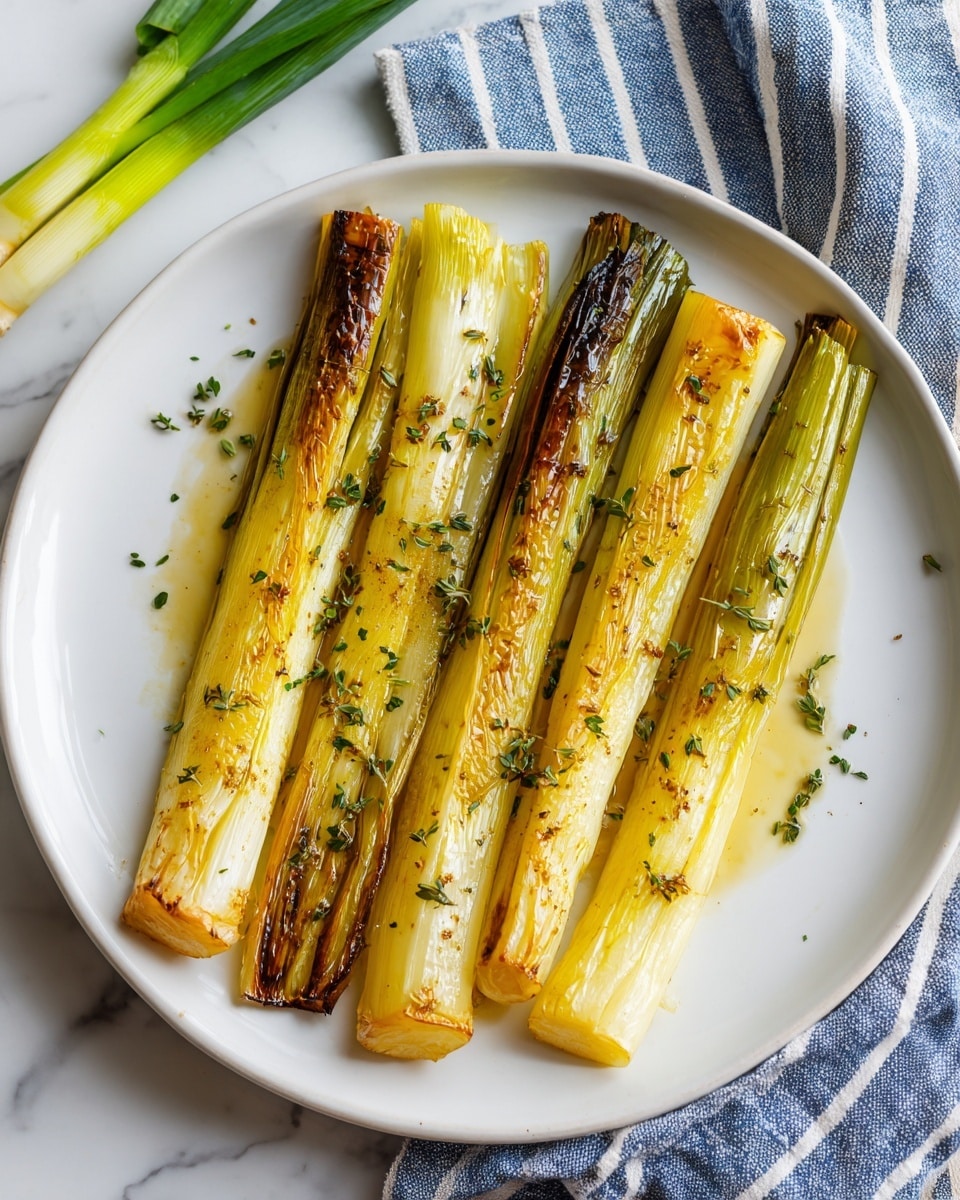 The image shows five long roasted stalks of leek arranged side by side on a white plate with a thin gray rim, each leek layer displaying a mix of yellow, green, and light brown colors with charred spots and shiny oil glaze. The leeks have a softness seen in their slightly wilted texture and light crispy edges. The plate is placed on a white marbled surface with a blue and white striped cloth partially visible to one side. There is a small bunch of fresh green spring onions in the top left corner, adding a touch of fresh green color. The photo taken with an iphone --ar 4:5 --v 7