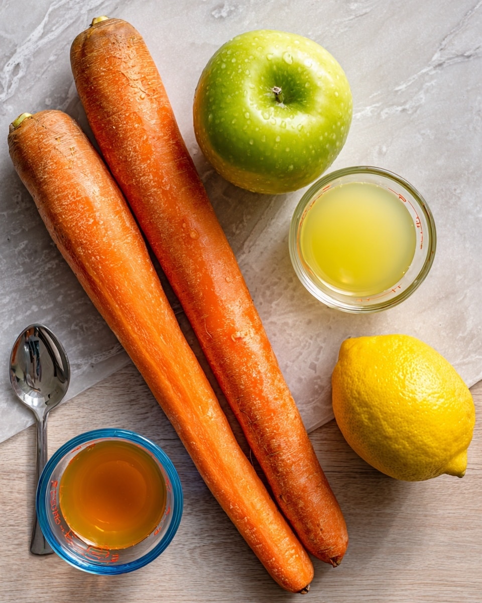 The image shows two large orange carrots with a rough texture placed next to a shiny green apple with small light spots on its skin, and a bright yellow lemon with a slightly bumpy surface. To the right, there are two small clear measuring cups, one containing yellow juice and the other empty, both with blue bases. At the bottom left corner, there is a metal spoon with amber liquid inside. All items are set on a wooden textured surface, changed to a white marbled texture. photo taken with an iphone --ar 4:5 --v 7