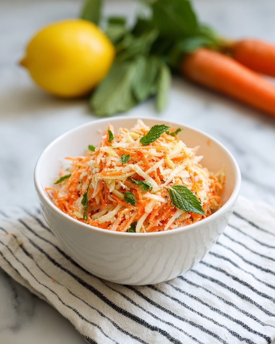 A white bowl filled with two main layers of grated vegetables: the first layer is light cream-colored grated vegetable, topped by a vibrant orange grated vegetable layer, both mixed together evenly. The surface is sprinkled with small green leafy herbs scattered across the orange and cream shreds. The bowl is placed on a white marbled textured surface with a white cloth underneath and two whole orange carrots and a yellow lemon blurred in the background. Photo taken with an iphone --ar 4:5 --v 7