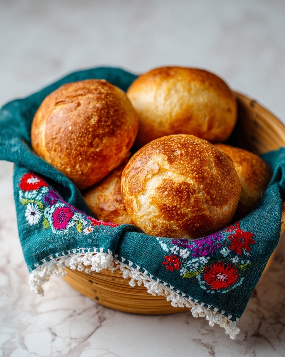 A basket holds four round, brown textured bread rolls with a rough surface that shows small holes and a crispy crust. The basket is lined with a folded dark teal cloth that has embroidered colorful flowers and a cream wavy border. The basket and cloth are placed on a white marbled surface, creating a soft and clean background. photo taken with an iphone --ar 4:5 --v 7