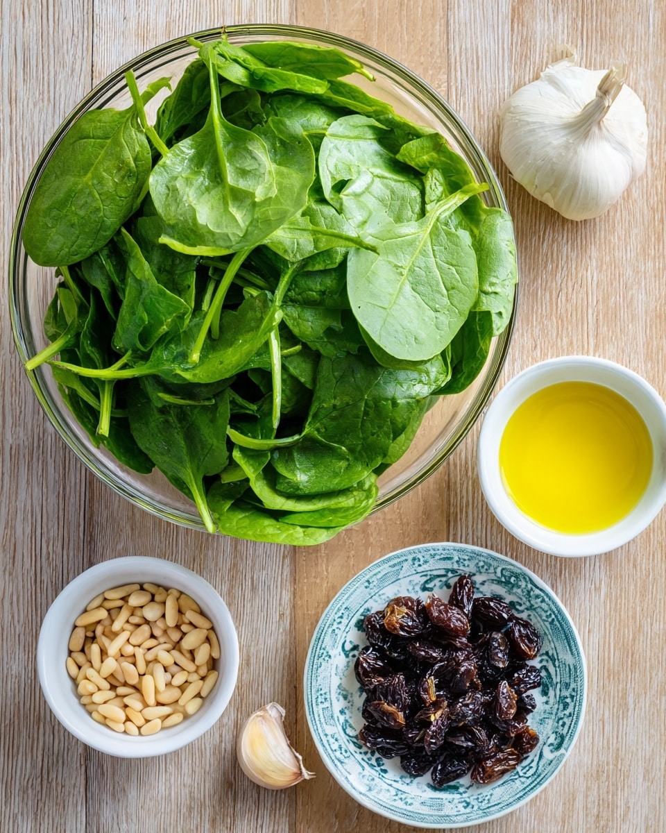 A clear glass bowl filled with fresh, bright green spinach leaves with a smooth texture takes the top left of the image. Below and to the right are three small white bowls: one with light brown pine nuts, another with dark, wrinkled raisins on a patterned blue and white plate, and the third containing golden yellow olive oil. At the bottom edge, a single garlic clove with a light, papery skin rests. The items are placed on a light wood surface. photo taken with an iphone --ar 4:5 --v 7