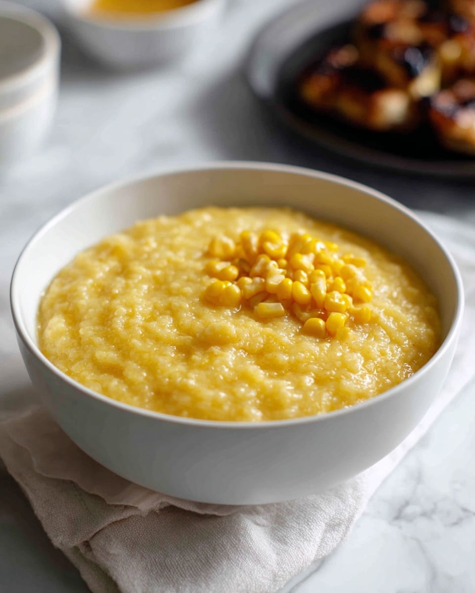 A white bowl filled with thick, creamy yellow corn porridge, with a small pile of bright yellow corn kernels placed neatly on one side of the porridge surface. The porridge looks smooth but with some grainy texture, and the bowl sits on a soft white cloth, all set against a white marbled background. Photo taken with an iphone --ar 4:5 --v 7