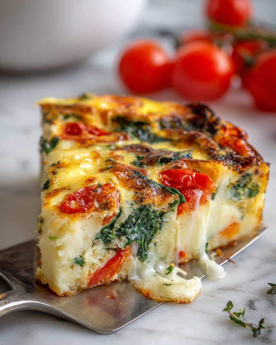 The image shows a close-up of a slice of vegetable frittata on a white plate with a white marbled surface underneath. The frittata has three visible layers: the bottom layer is a light yellow egg base with a slightly soft texture, the middle layer contains bright green spinach and chunks of red tomato, and the top layer is covered with melted golden brown cheese that looks slightly crispy. The slice is being lifted by a spatula, and there are whole small red tomatoes on the white marbled surface in the background. Photo taken with an iphone --ar 4:5 --v 7