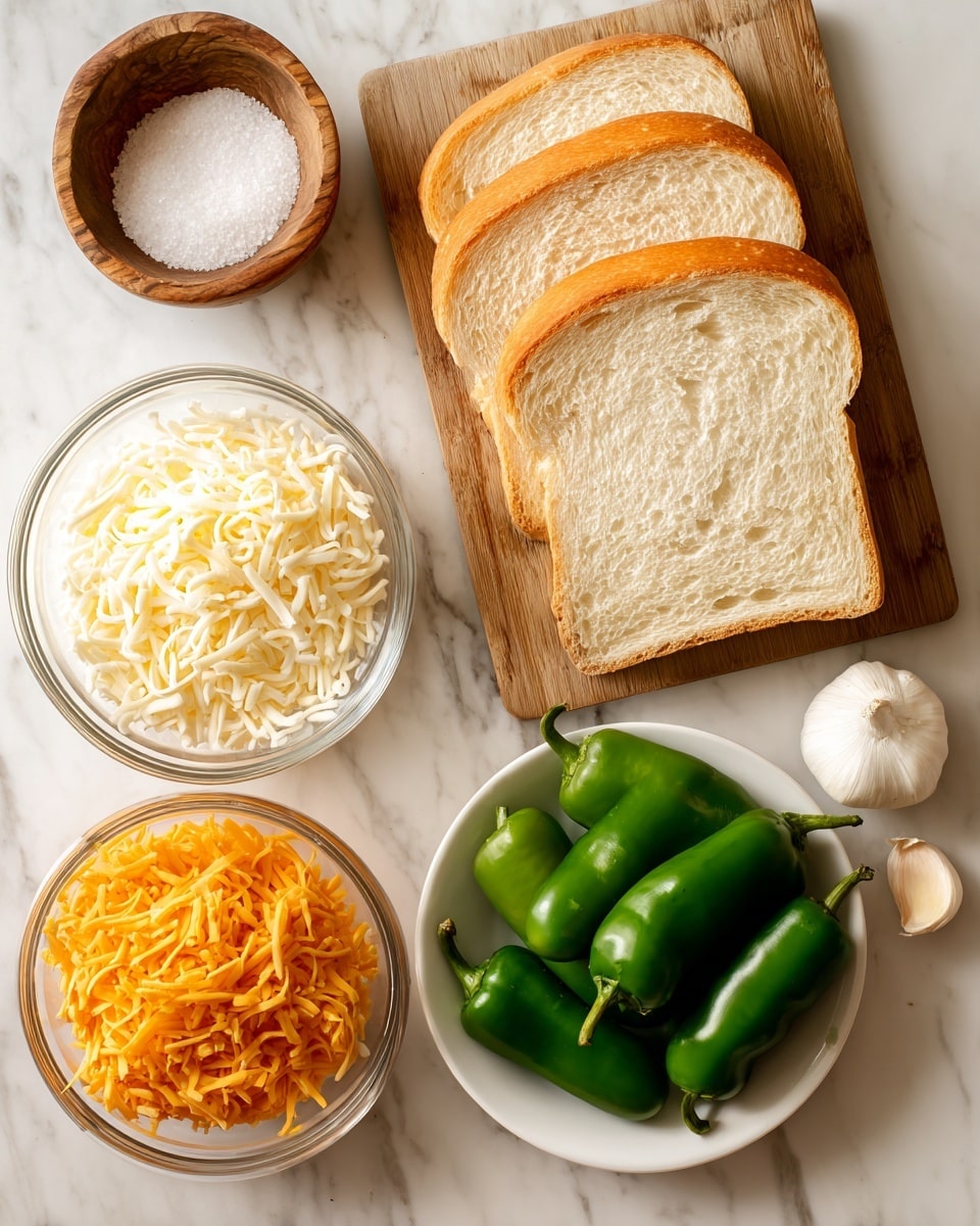 The image shows ingredients on a white marbled surface. On the top right, there is a wooden cutting board with two large slices of light beige bread placed side by side. Below it, there is a small white bowl filled with five green peppers that have smooth, shiny skins. To the left of the peppers are two clear glass bowls stacked vertically; the top bowl has white shredded cheese, and the bottom bowl has orange shredded cheese, both looking soft and fluffy. In the top left corner, a small wooden bowl holds coarse white salt. Near the bottom right, there are two cloves of garlic with light beige skins. Photo taken with an iphone --ar 4:5 --v 7