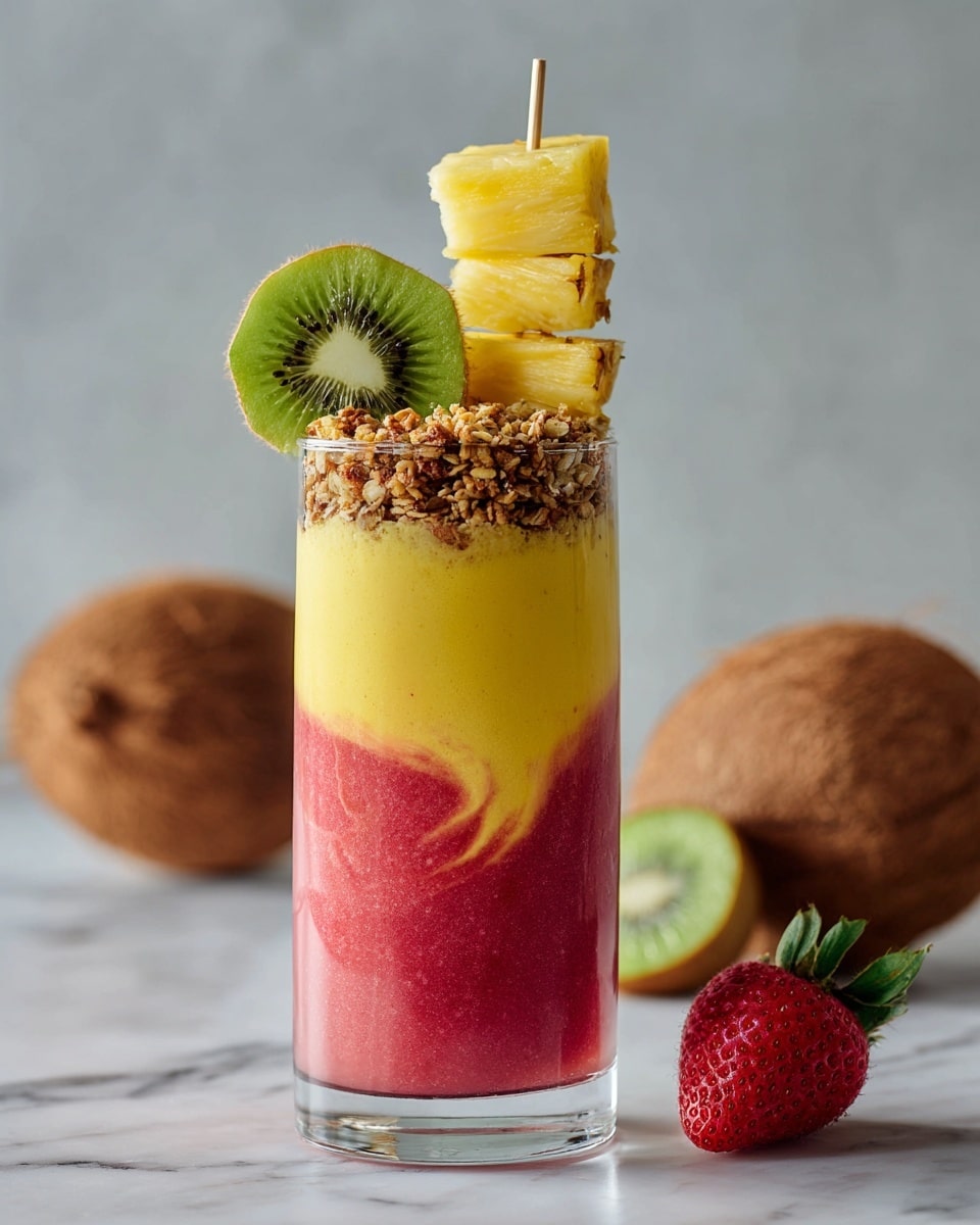 The drink in a tall clear glass has two layers: the bottom thick layer is dark pink with a smooth texture, and the top lighter yellow layer swirls gently into the pink below. On top, there is a small pile of granola, a green slice of kiwi leaning against the glass edge, and cubes of pineapple stacked on a skewer sticking out from the glass. The glass is placed on a white marbled surface, next to a whole kiwi, a half kiwi showing its green inside, a red strawberry, and a cracked open coconut in the background. Photo taken with an iphone --ar 4:5 --v 7