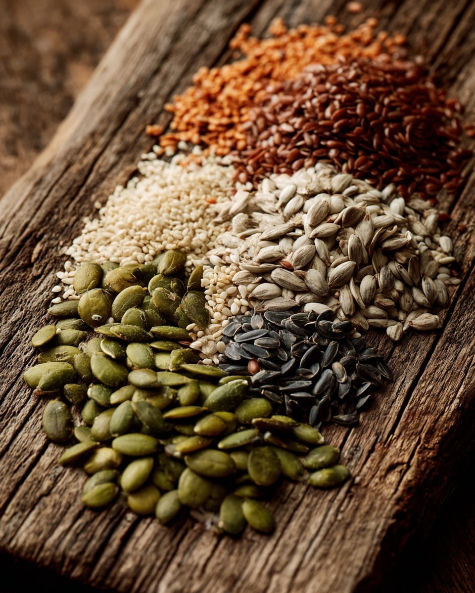 A close-up image of a rustic wooden board covered with different seeds spread out loosely in small groups. The seeds include large green pumpkin seeds in the bottom left corner, surrounded by small white sesame seeds. There are clusters of reddish-brown flax seeds scattered above and to the right of the pumpkin seeds. Light beige sunflower seeds form a large pile above the sesame and flax seeds. Small black seeds are mixed in near the middle of the sunflower seeds, adding contrast. The texture of the wooden board shows deep grain and worn marks. Photo taken with an iphone --ar 4:5 --v 7