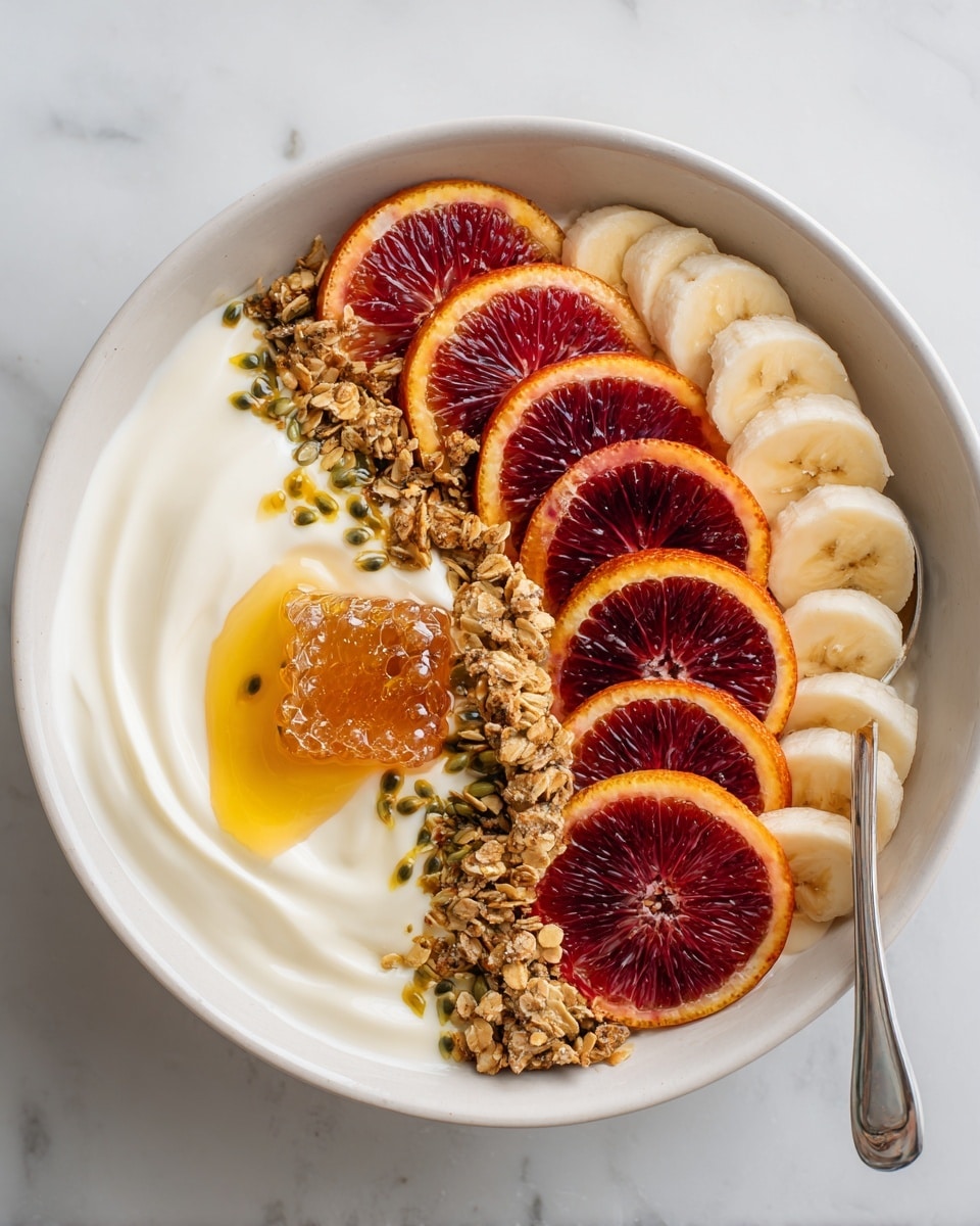 A white bowl holds a layered dish with a creamy white base, topped with three bright red-orange slices of blood orange arranged on the left side. To the right side, there is a semi-circle of thin pale banana slices with small dark seeds on top. In the center, clusters of brown granola with visible oats and seeds add texture. Near the front, a piece of dark honeycomb with golden honey oozing out sits on the creamy base. A silver spoon rests on the right edge of the bowl, and the bowl is placed on a white marbled texture surface with scattered orange peels and a whole orange with green leaves near the top right. Photo taken with an iphone --ar 4:5 --v 7