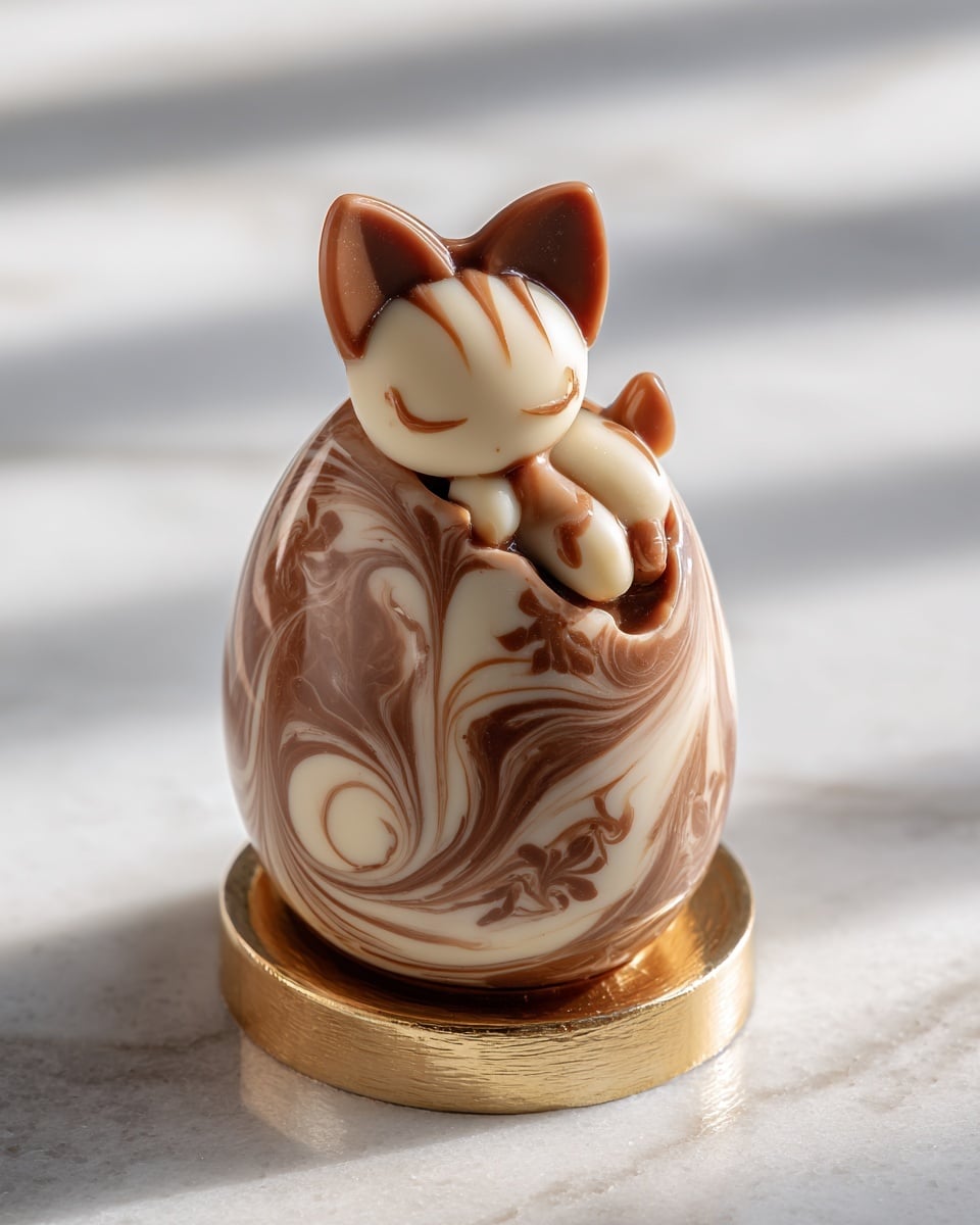 A small egg-shaped dessert stands upright on a thin, shiny golden base, with a smooth surface decorated in swirls of light and dark brown, resembling wood grain texture. The egg features two small ears on top, colored in a mix of white and brown, giving it a cat-like appearance. Around the middle, a molded shape resembles a curled paw in white and light brown tones, adding a subtle 3D effect. The background is a smooth white marbled surface, enhancing the dessert's rich brown and cream shades. Photo taken with an iphone --ar 4:5 --v 7