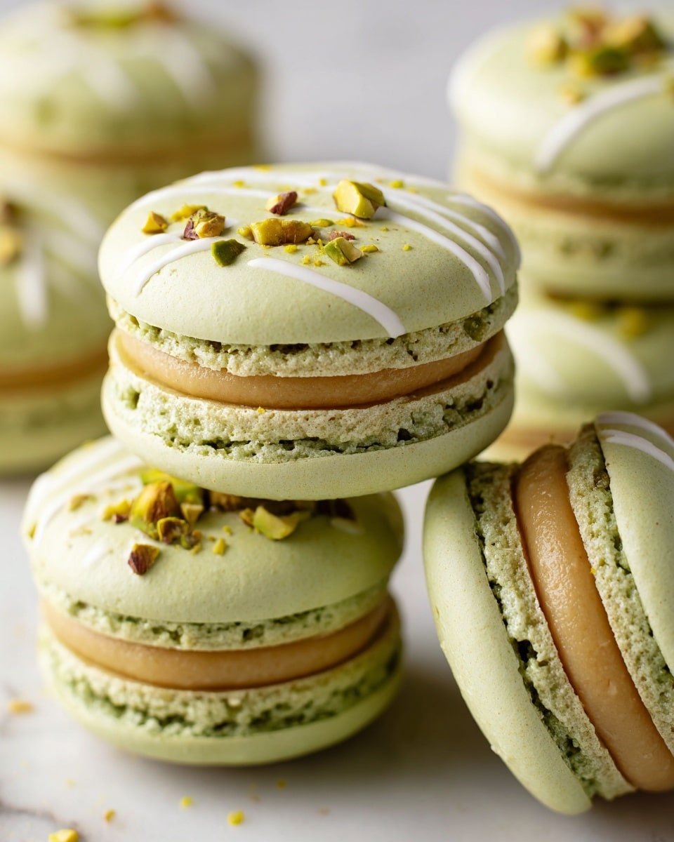 The image shows a pile of light green macarons placed on a white marbled surface. Each macaron has two smooth, slightly shiny, light green shell layers with a ruffled edge. In between the shells, there is a thick, smooth, light brown filling layer. The top shells have thin, white drizzle lines running across and small pieces of chopped pistachio nuts scattered on them. The macarons have a fresh and delicate look, stacked unevenly with one macaron in focus showing its side view clearly. Photo taken with an iphone --ar 4:5 --v 7