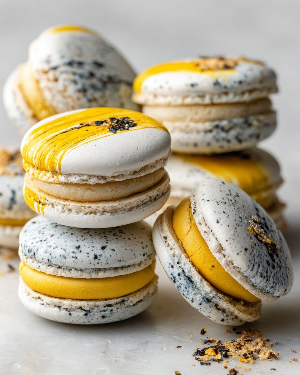The image shows five round macarons with two main layers each: a dense outer shell layer speckled lightly with black tea leaves, pale grayish-white in color, and a thick bright yellow filling in the middle. The top of each macaron has a half-moon brushed pattern of yellow coloring with small pieces of loose tea leaves scattered on it. One macaron is broken in half to reveal the layers more closely. All the macarons are placed on a gray surface with a soft textured feel, and the lighting softly highlights the textures and colors of the macarons itself. photo taken with an iphone --ar 4:5 --v 7