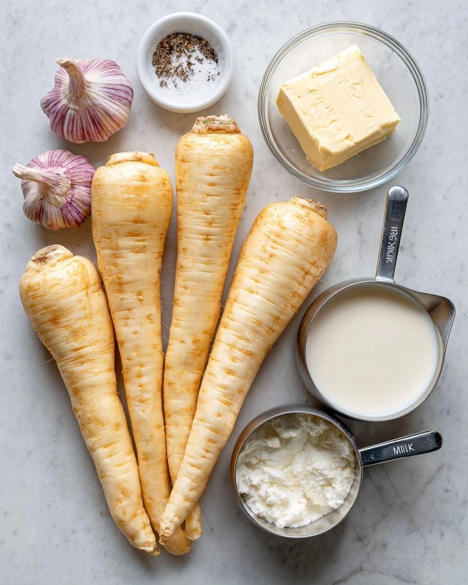The image shows six pale yellow parsnips placed in the center on a white marbled surface. To the left, two garlic cloves with purple skin are near a small white bowl holding salt and pepper. On the right, a clear glass bowl contains a square piece of butter. Below the butter, two metal measuring cups are placed side by side, one holding cream and the other milk, both creamy white in color. Each ingredient is labeled with black text on white blocks. photo taken with an iphone --ar 4:5 --v 7