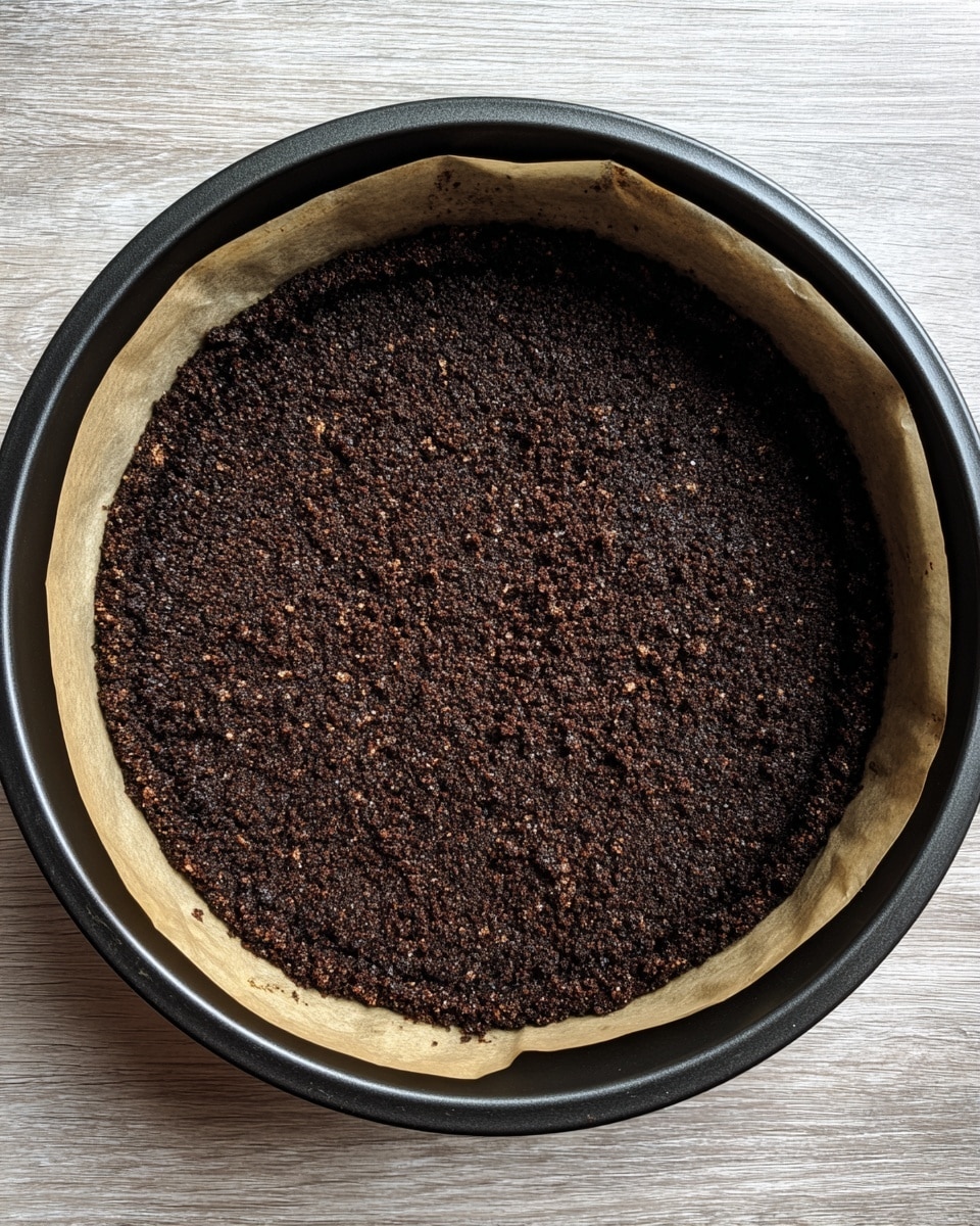 A close-up image of a dark, finely crushed cookie crust pressed evenly into the base and sides of a round baking pan lined with parchment paper, showing a slightly rough texture with shiny spots under the light. The pan sits on a wooden surface with a warm tone. Photo taken with an iphone --ar 4:5 --v 7