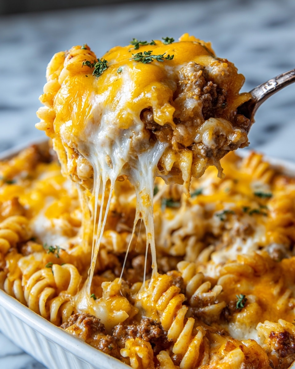 A white rectangular baking dish holds a creamy pasta casserole with two visible layers mixed together: a layer of curly pasta pieces coated in a light orange cheese sauce and mixed with bits of ground meat that have a pale brown color. Small flecks of green herbs are sprinkled on top. The pasta and sauce mixture fills the dish unevenly, with some areas showing more melted cheese in bright orange patches. A wooden spatula rests inside the dish on the right, smeared with the orange sauce and pasta mixture. The dish sits on a white marbled surface with a white and gray striped cloth partially visible on the lower left. photo taken with an iphone --ar 4:5 --v 7