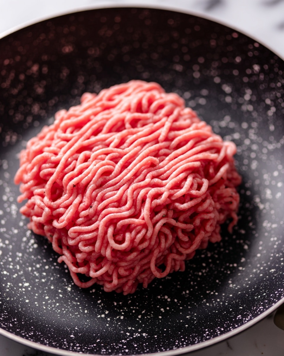 A close-up view of a block of raw ground meat with pink and light red tones, showing fine strands layered tightly on top of each other. The meat sits in the center of a black non-stick frying pan with a speckled white dot pattern, with no other ingredients or layers visible. The background is a white marbled texture. Photo taken with an iphone --ar 4:5 --v 7