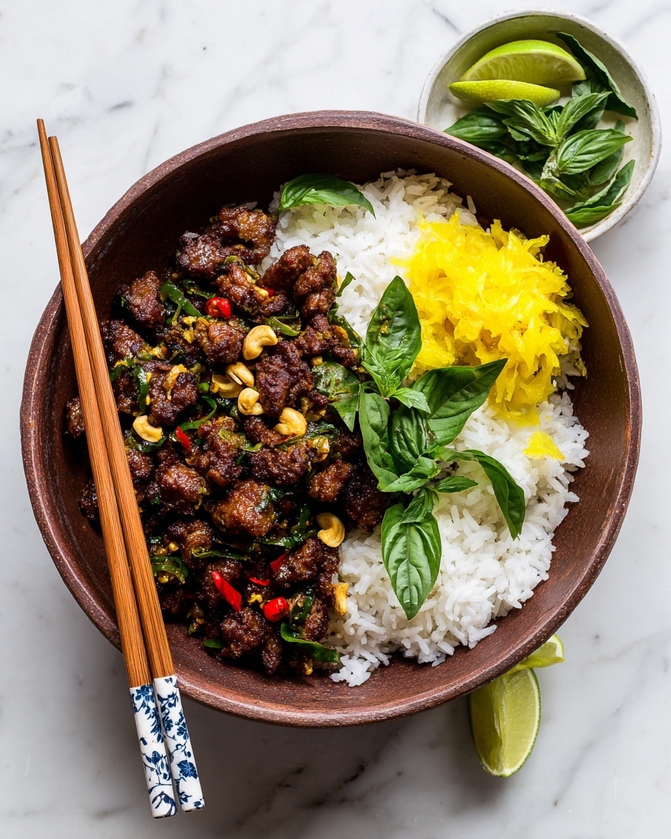 A round bowl with white rice at the bottom layer is topped with dark brown cooked meat mixed with golden cashew nuts and red chili pieces in the middle layer. Fresh green basil leaves cover the top layer, with two bright yellow pickled vegetable strips placed on the right edge. The bowl is placed on a white marbled textured surface, next to two lime wedges on the lower right. To the left of the bowl, there is a small white bowl filled with green herbs, and a pair of wooden chopsticks with blue and white floral designs rest across the small bowl and the surface. Photo taken with an iphone --ar 4:5 --v 7