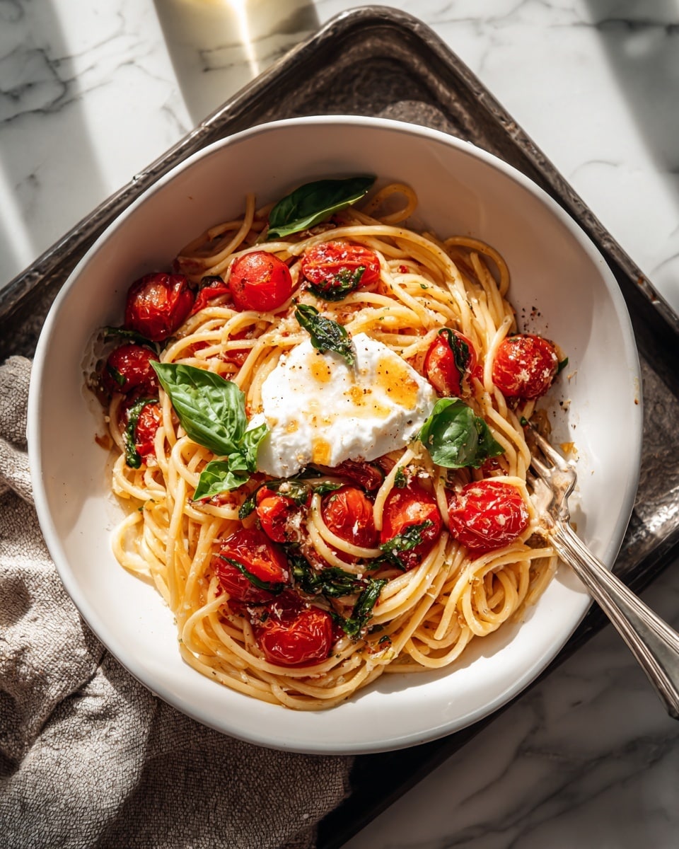 In a white bowl, thick, long pasta is mixed with bright red cherry tomatoes and white pieces of cheese, all topped with fresh green basil leaves. The pasta has a light orange sauce coating it. A silver fork rests inside the bowl on the right side. Behind the bowl, there is a white bottle with some green leaves near it, and part of a metal pan with the same pasta and toppings is visible on the right. The scene sits on a warm, brown wooden surface with soft shadows and light. photo taken with an iphone --ar 4:5 --v 7