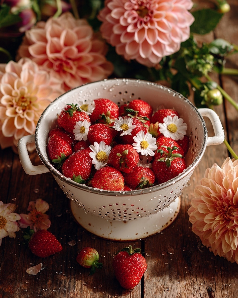 A white colander is filled with bright red strawberries and small white flowers with yellow centers, some green leaves are mixed in. Water droplets cling to the inside edge of the colander. The colander sits on a rustic wooden surface surrounded by several large pink and peach dahlias on green stems, with a few stray strawberries lying nearby. The lighting is warm and natural, casting soft shadows around the scene. photo taken with an iphone --ar 4:5 --v 7