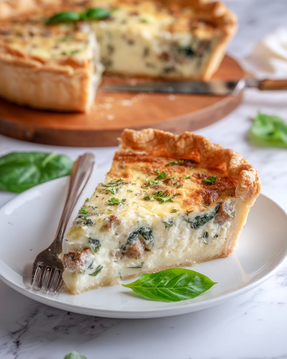 A slice of savory pie with three layers is placed on a white plate with a few bright green basil leaves next to it. The bottom layer is a golden-brown crust, thick and flaky. The middle layer shows a mixture of light cream cheese or ricotta, finely chopped spinach, and bits of browned sausage or similar meat in off-white and brown tones. The top layer is a slightly darker golden crust with a flaky, crumbly texture and a small garnish of sliced basil on top. There is a silver fork resting on the plate near the pie. The pie in the background is on a white marble textured surface with a rustic wooden round platform beneath, and a knife beside it. The photo has soft natural light highlighting the textures and colors. photo taken with an iphone --ar 4:5 --v 7