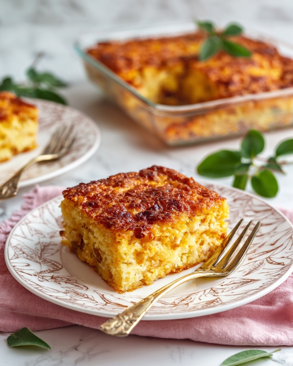 Two square pieces of a light golden brown baked dish with a slightly rough, crumbly texture on top sit side by side on a white plate with an intricate leafy pattern around the edge. Inside, the dish appears soft and moist with small chunks visible, showing a creamy pale yellow layer with hints of white. A silver fork rests on the plate near the food. In the background, there is another plate with a similar piece of the dish garnished with a small green leaf, and a clear glass baking dish on a metal rack with a wooden spatula inside. The setting is on a white marbled surface with a soft pink cloth and fresh green cilantro leaves nearby. Photo taken with an iphone --ar 4:5 --v 7