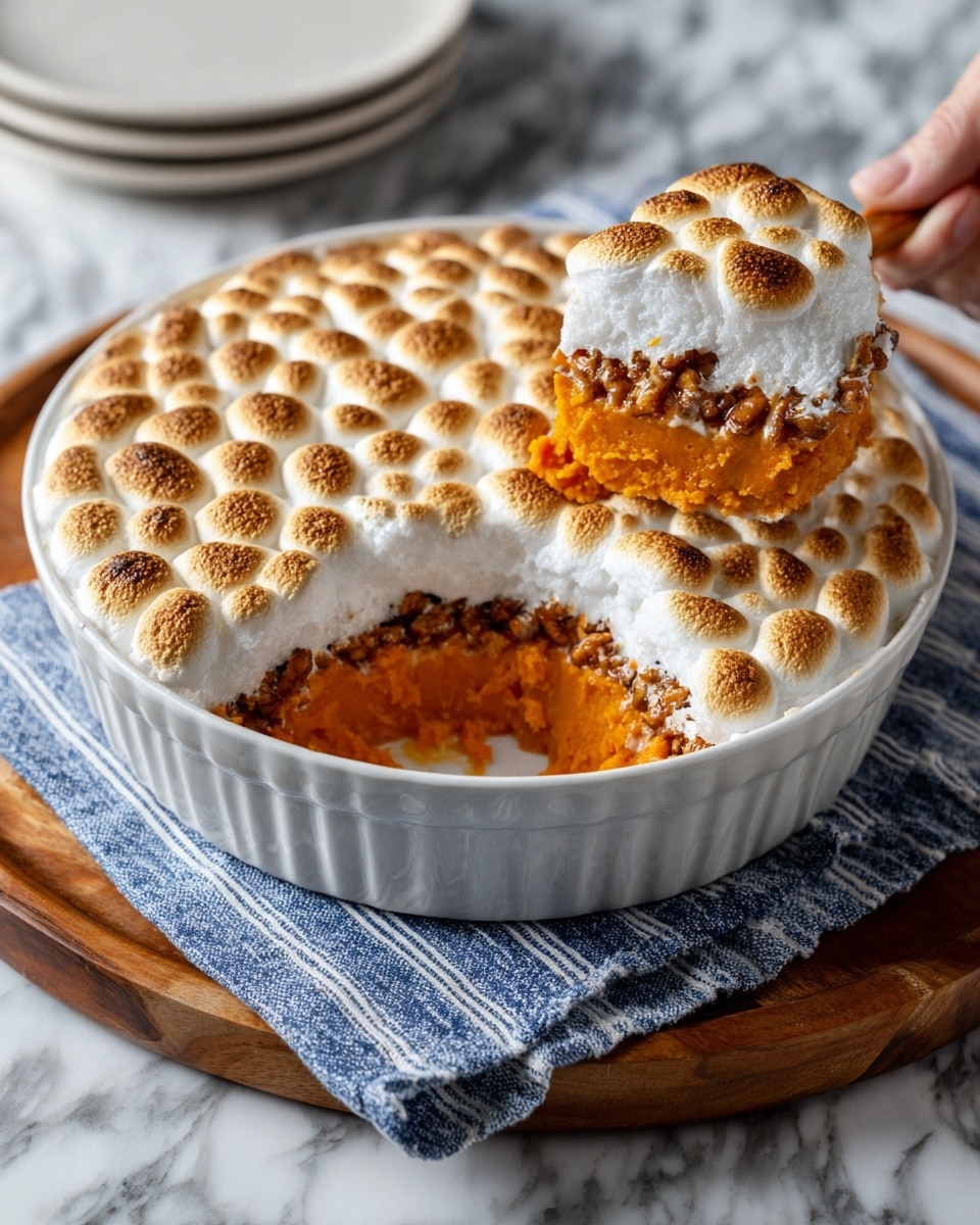 The image shows a round white dish filled with a baked dessert that has three visible layers. The bottom layer is a smooth, bright orange filling that looks soft and creamy. Above it, there is a dark brown layer with a slightly chunky texture, possibly nuts or chocolate mixed in. The top layer is a thick spread of toasted marshmallows that are golden brown and unevenly browned, covering the whole surface and edges of the dish. Some marshmallow parts are bubbling over the sides, adding texture and a slightly crispy look. The dish is set on a wooden board, and there is a white and blue striped cloth nearby on a white marbled background. photo taken with an iphone --ar 4:5 --v 7