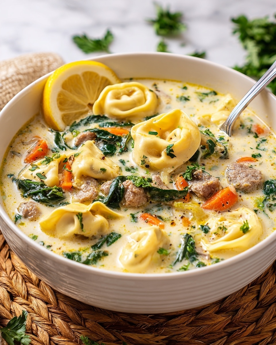A white bowl filled with creamy soup that has visible layers of tortellini pasta, small pieces of light brown meat, bright orange carrot slices, and green leafy spinach. The soup is topped with chopped green herbs and a lemon wedge resting on the edge of the bowl. A silver spoon is placed inside the bowl on the right side. The bowl is set on a woven light brown mat with some scattered green herbs around. The background shows a white marbled texture. Photo taken with an iphone --ar 4:5 --v 7
