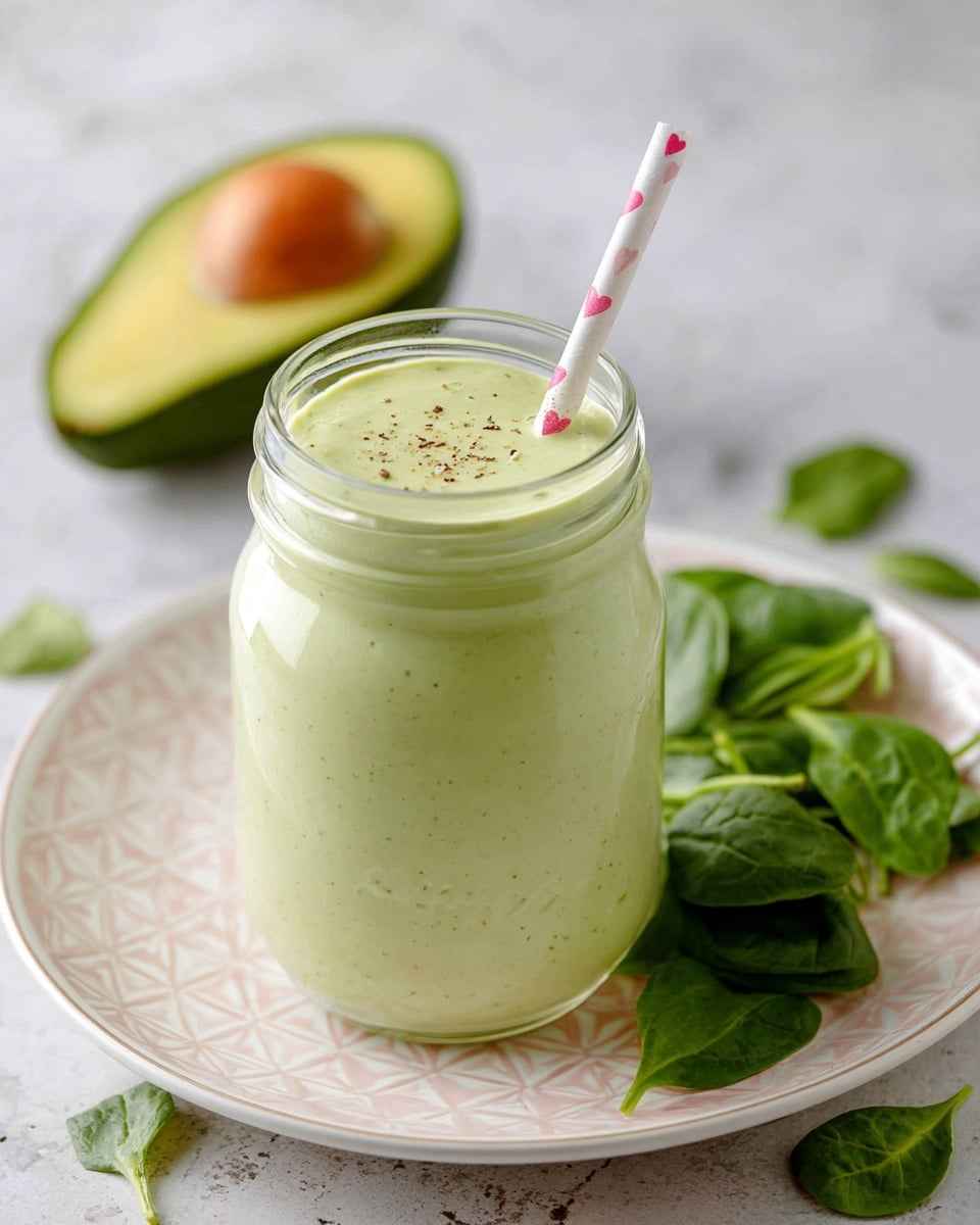 A clear glass jar filled with a thick, smooth green smoothie made from blended spinach and avocado, showing small darker green specks throughout. A paper straw with pink hearts pokes out from the top. The jar is placed on a white marbled surface next to fresh green spinach leaves and half an avocado with a brown seed, adding a fresh natural feel. The scene has soft natural light highlighting the creamy texture of the drink photo taken with an iphone --ar 4:5 --v 7