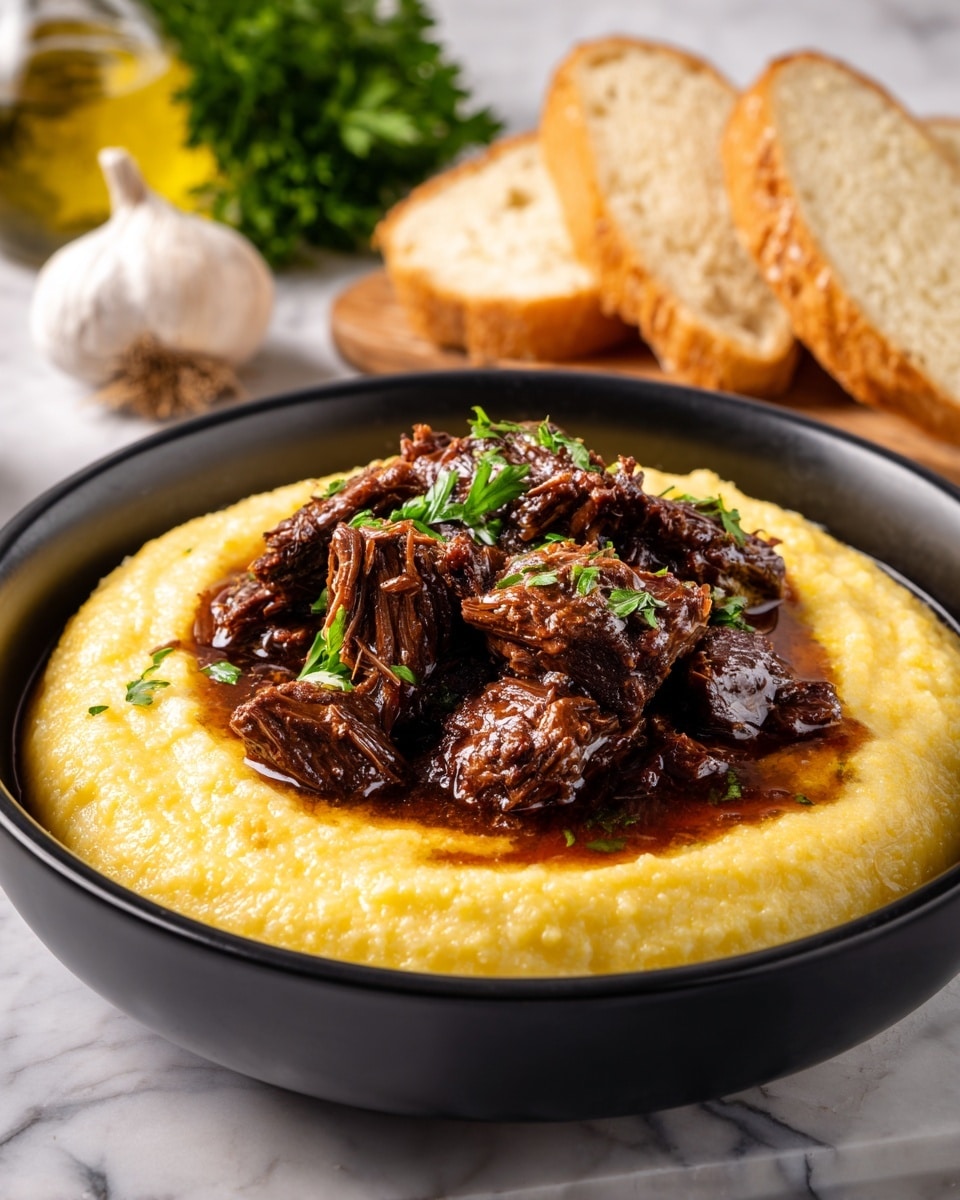 The image shows a black bowl filled with two main layers, placed on a white marbled surface. The bottom layer is creamy and smooth yellow polenta, spread evenly across the bowl with a soft texture. On top, there is a thick, dark brown beef stew with visible chunks of tender meat, coated in a glossy sauce that slightly drips onto the polenta. The bowl sits next to slices of white bread and fresh green parsley, with a garlic bulb and a bottle of olive oil blurred in the background. Photo taken with an iphone --ar 4:5 --v 7