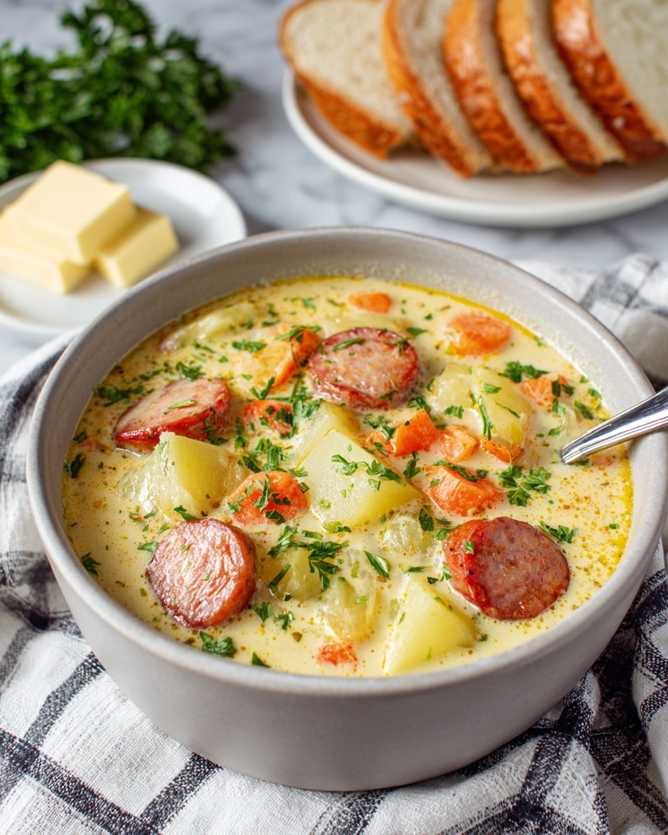 A white bowl filled with creamy soup that shows three main layers: chunky round slices of sausage with a reddish brown color, large pieces of soft light yellow potatoes, and bright orange carrot slices, all mixed in a thick light beige broth. The soup has green herb pieces sprinkled on top. A silver spoon is resting on the edge of the bowl. The bowl is placed on a white marbled surface with a checkered white and dark blue cloth beside it. In the background, there is a stack of white bread slices on a white plate and a small white bowl with yellow butter cubes. Some fresh green herbs lay next to the soup bowl. Photo taken with an iphone --ar 4:5 --v 7