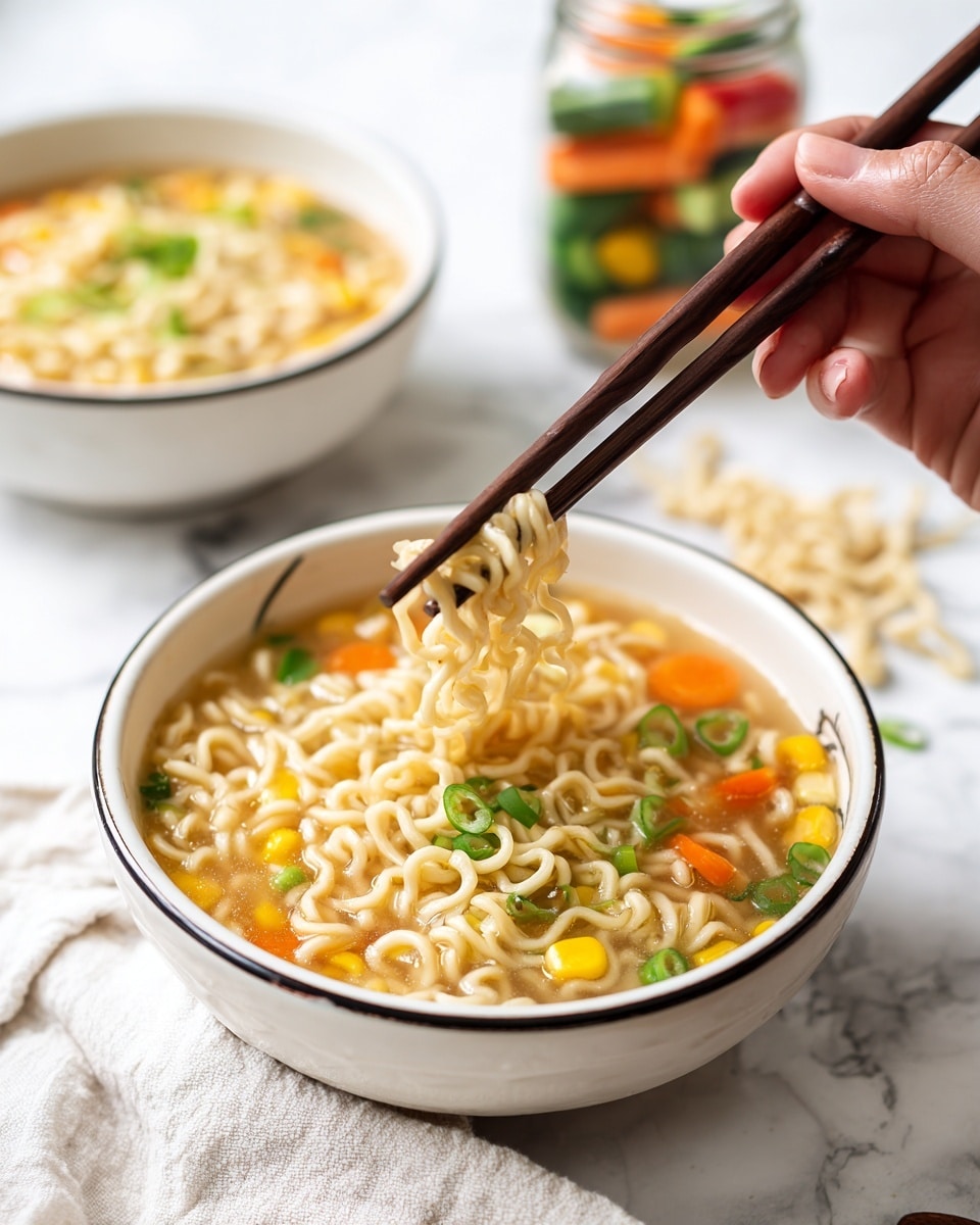 The image shows a white bowl filled with light yellow noodles in a clear broth with small, colorful vegetable pieces like orange carrots, green onions, and yellow corn floating in it. On top, a pair of brown chopsticks held by a woman's hand lifts a clump of noodles above the bowl. In the background, another white bowl with similar soup is slightly blurred, and a jar filled with mixed vegetables sits next to some bottles. The setting is on a white marbled surface with a small cluster of dry noodles and a green onion visible nearby. photo taken with an iphone --ar 4:5 --v 7