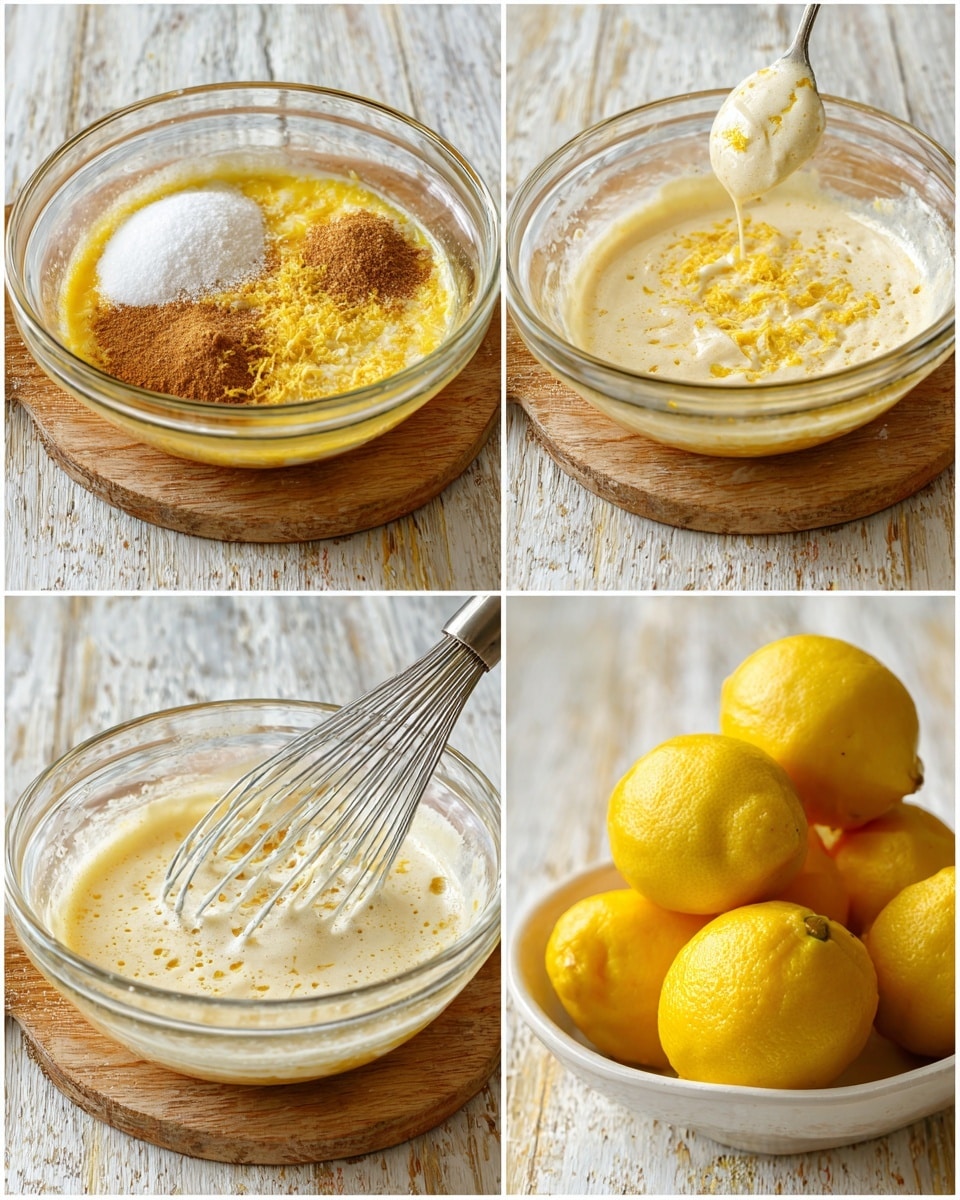 A clear glass bowl sits on a wooden board with a white marbled texture background, showing four stages of mixing ingredients. In the first frame, the bowl contains a base yellow layer topped with white sugar, brown cinnamon, and yellow lemon zest. The second frame shows the ingredients blended into a smooth, pale cream mixture with some small bubbles on top. The third frame has the mixture with a whisk inside, showing a slightly thicker texture with bits of lemon zest floating on the yellow cream. In the last frame, the mixture is divided clearly into a creamy white foam layer on top and a thicker yellow layer below. A bright yellow lemon is placed behind the bowl in some images, while a white bowl filled with multiple lemon fruits appears in the last frame. Photo taken with an iphone --ar 4:5 --v 7