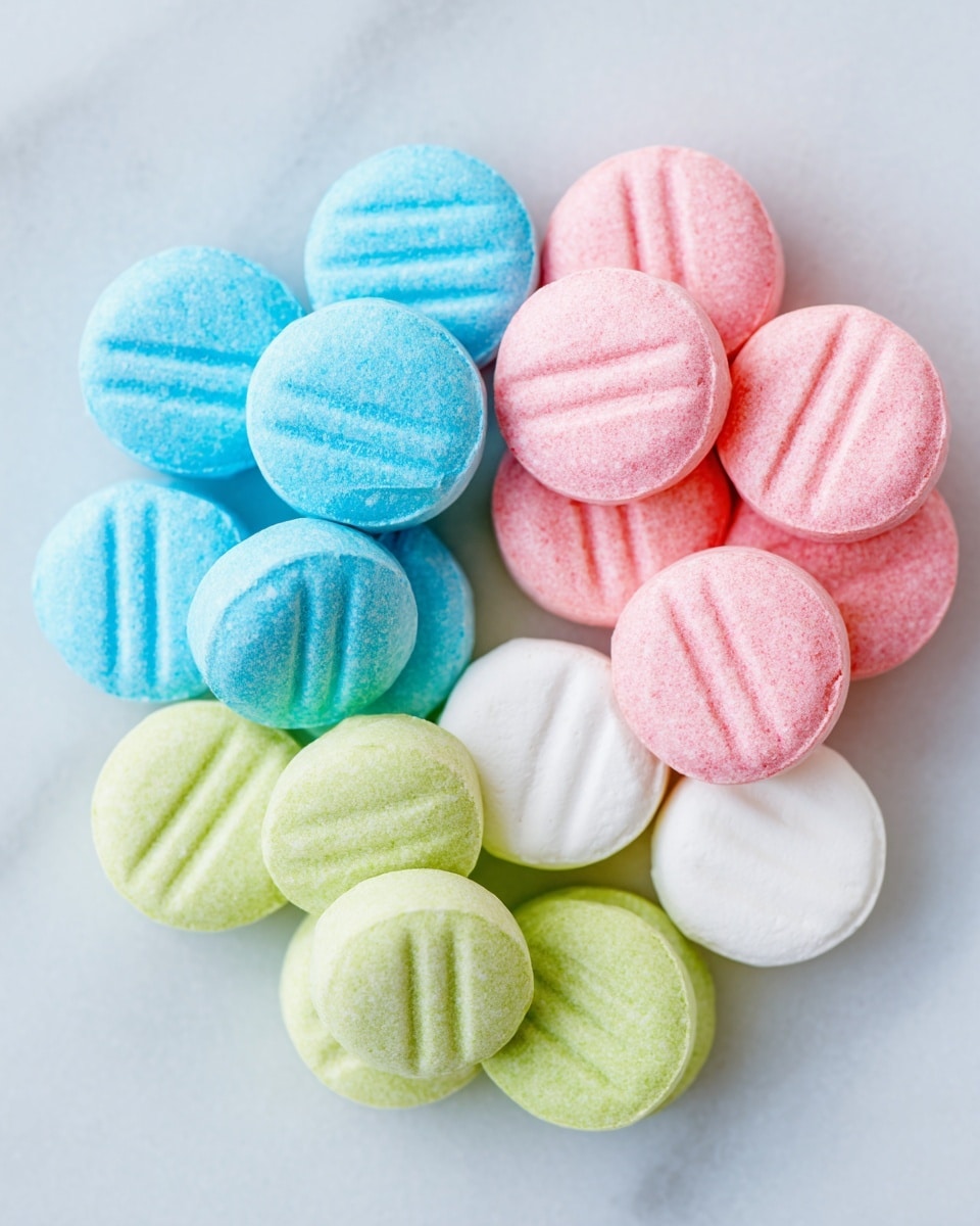The image shows four neat rows of round, small candies arranged on a white marbled surface. Each candy has a smooth surface with three parallel lines pressed into the top. The top row features light blue candies with a soft matte texture, followed by a row of light pink candies below them. Under the pink candies is a row of light green candies, and the bottom row consists of white candies. The candies are closely placed but do not overlap, creating a colorful, pastel gradient from top to bottom. Photo taken with an iphone --ar 4:5 --v 7