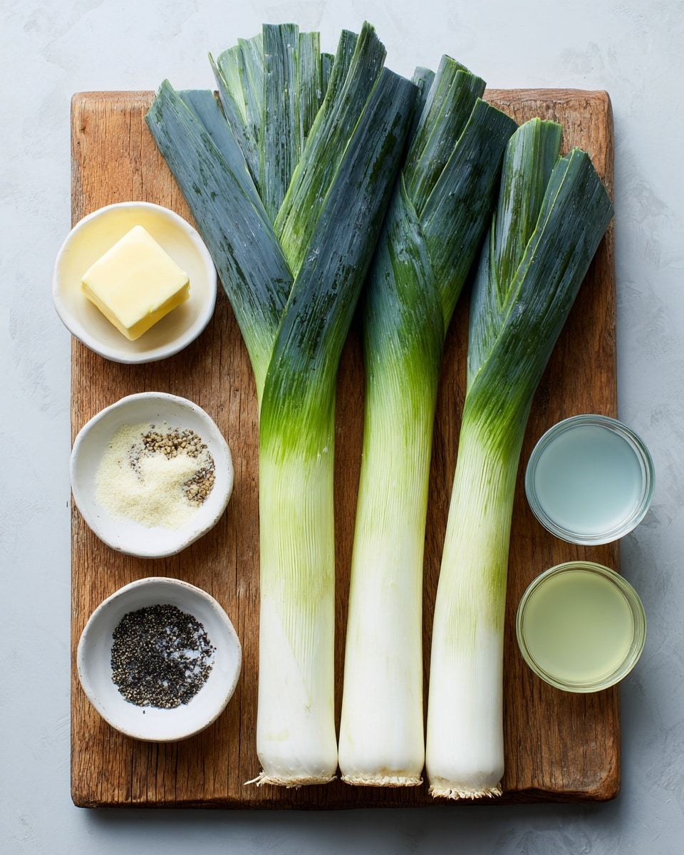 The image shows three whole leeks with green leafy tops and white stems placed on a wooden cutting board. To the left of the leeks, there are four small white dishes with different ingredients: one dish has a small cube of pale yellow butter, another contains a mix of black and white pepper with salt, and the other two hold clear liquids, one light blue and the other light green. The items are arranged neatly and evenly spaced. photo taken with an iphone --ar 4:5 --v 7