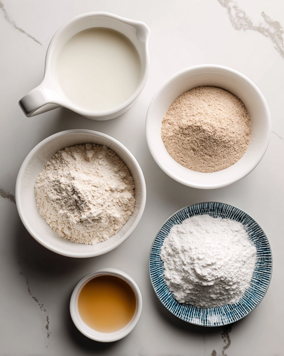 There are five containers on a white marbled surface, each holding different ingredients. In a white measuring cup in the top left is a white liquid. To the right is a white bowl filled with a light brown powder. Below that is another white bowl with a white powder. To the right of this bowl is a white dish holding two piles of white powders side by side on a blue and white patterned plate. Finally, at the bottom left is a small white bowl holding a small amount of light golden liquid. photo taken with an iphone --ar 4:5 --v 7