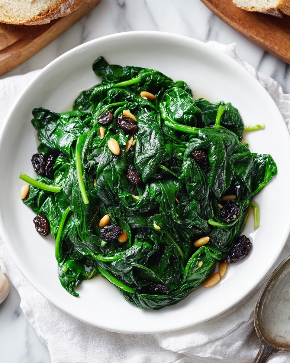 A white plate holds a single layer of cooked spinach with a soft texture and deep green color, mixed evenly with light brown pine nuts and scattered pieces of dark raisins, all resting on a white marbled surface with a white cloth partially visible around the edges. photo taken with an iphone --ar 4:5 --v 7