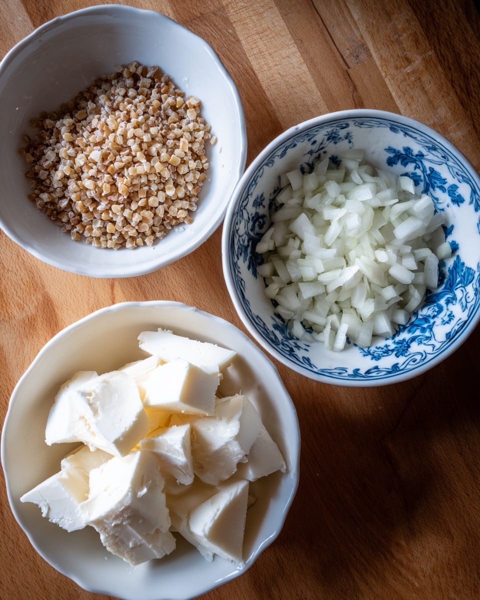 Three bowls with different ingredients are placed on a wooden surface. The top right bowl is white and filled with small, white chopped onions, showing a soft and layered texture. The bottom right bowl is white with a blue floral pattern and contains large, uneven pieces of white solid fat. The left bowl is plain white and holds small, tan-colored grain pieces with a rough texture, filling the bowl fully. The entire scene is well lit, with clear focus on the textures of the ingredients, photo taken with an iphone --ar 4:5 --v 7