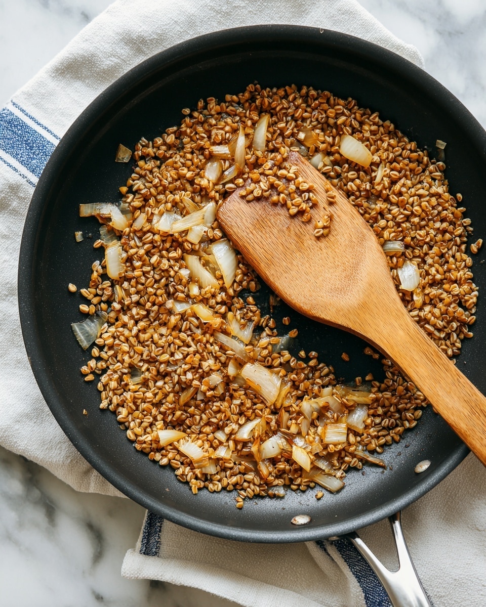 A close-up view of a black non-stick pan filled with small golden-brown toasted grains mixed with translucent small pieces of cooked onion, evenly spread inside the pan. A wooden spatula with a light brown handle rests diagonally across the pan, with some toasted grains and onions on its surface. The pan is placed on a white cloth with dark blue stripes, all set on a white marbled surface. photo taken with an iphone --ar 4:5 --v 7