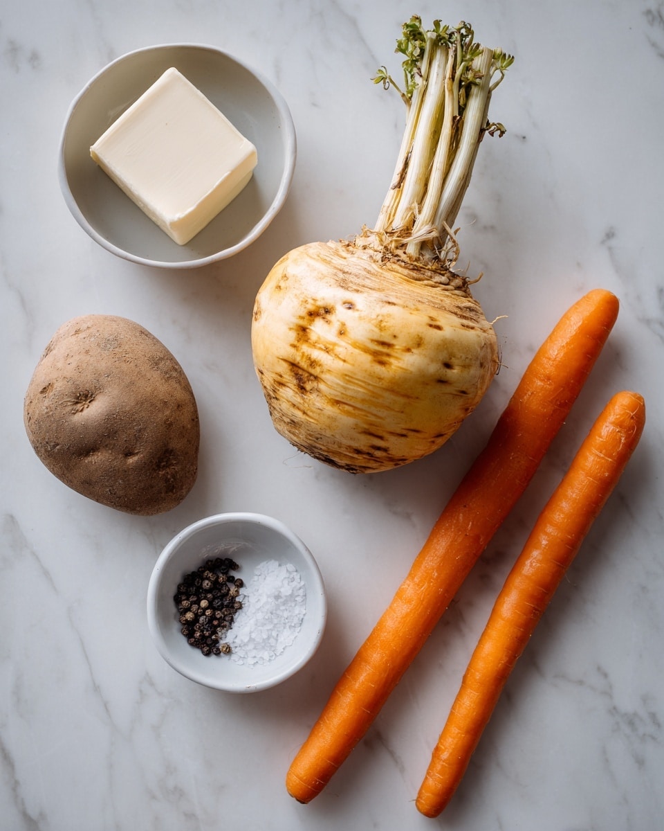 The image shows five fresh ingredients arranged on a white marbled surface: one large round turnip with a brownish-yellow skin and green sprouts on top positioned on the right side, one rough brown potato with an elongated shape placed to the left of the turnip, two bright orange carrots with rough skin lying parallel on the lower right side, a white small bowl with a thick square piece of white butter in the top left, and just below it, another white small bowl containing a few black peppercorns and coarse white salt grains. The photo taken with an iphone --ar 4:5 --v 7