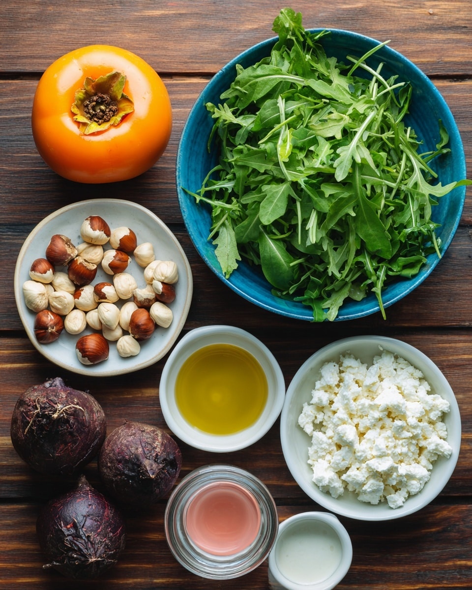 A top view of various ingredients arranged neatly on a wooden surface, featuring a large blue bowl filled with fresh green arugula leaves, a bright orange persimmon fruit next to two dark, rough-skinned beets placed on a small white plate, a small white bowl full of white crumbly cheese, and another white bowl holding scattered round hazelnuts with some skin still on. There are also three small white dishes containing light yellow oil, pale pink vinegar, and after them a small clear jar with white creamy dressing. photo taken with an iphone --ar 4:5 --v 7