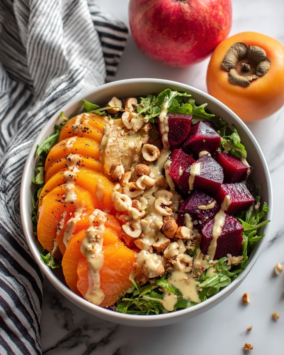 A white bowl filled with a bed of fresh green leafy lettuce forms the base layer. On top, there are evenly placed thick slices of dark purple beets and bright orange persimmons, arranged in an alternating pattern. Scattered around the fruit and vegetables are small, round toasted hazelnuts with a light brown color and slightly charred spots. The whole dish is lightly drizzled with a creamy white dressing that contrasts with the vibrant colors of the other ingredients. The bowl rests on a white marbled surface, with an orange persimmon and a striped cloth visible in the soft background. photo taken with an iphone --ar 4:5 --v 7