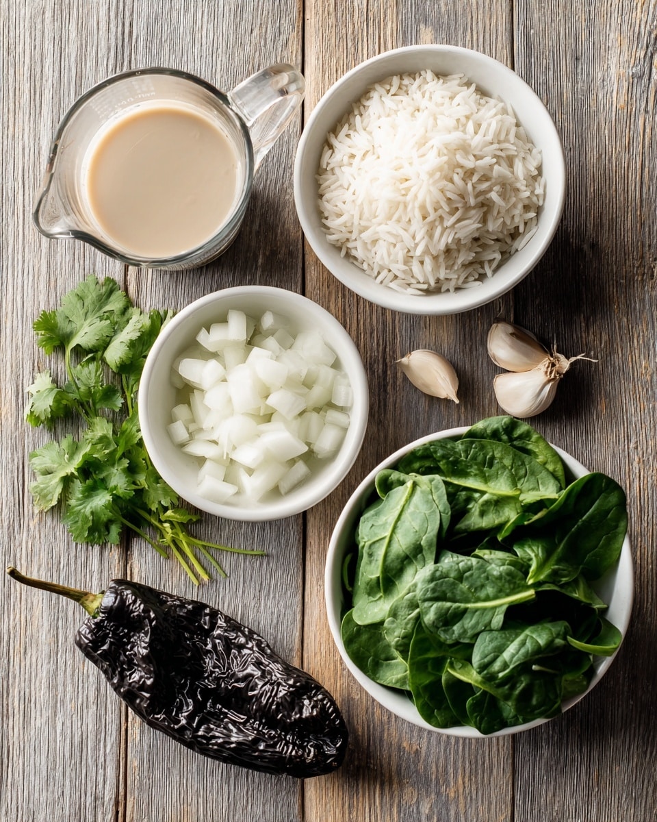 The image shows a set of ingredients placed neatly on a wooden textured surface. There is one white bowl filled with fresh green spinach leaves positioned on the right bottom. Above it, there is a white bowl filled with diced white onions. Next to the onions, there is a white bowl filled with uncooked white rice. At the top left, there is a clear measuring cup with a light beige liquid. Below the bowls, there are fresh green cilantro leaves and one clove of garlic on the left side. On the bottom right side, there is one large roasted chile pepper with dark, wrinkled skin and a green stem. The light and shadow reflect softly, making the items look fresh and ready. Photo taken with an iphone --ar 4:5 --v 7