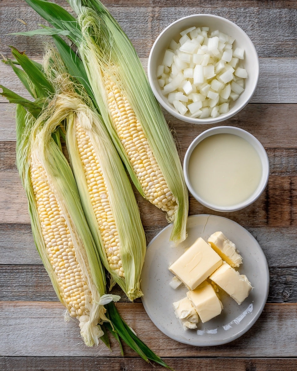 The image shows two ears of corn with pale yellow and white kernels, partially covered with green husks and silky tassels on top, lying on a wooden surface. Below the corn, there is a white bowl filled with small white diced onions. Next to it is a small white bowl filled with a light cream-colored liquid, and beside that is a small round white plate with two square pieces of creamy white butter and a small white crumbly cheese. The items are arranged neatly, with the corn ears tall and angled diagonally. Photo taken with an iphone --ar 4:5 --v 7
