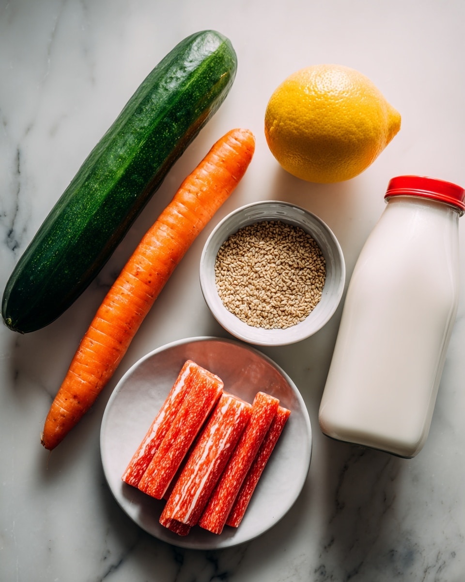 The image shows fresh ingredients arranged on a white marbled surface. On the left, there is a long green cucumber and next to it a bright orange carrot. Above the carrot is a large yellow lemon. In the middle, there is a small white bowl filled with light brown sesame seeds. Next to the bowl, on the right, there is a large white bottle with a bright red cap lying on its side. At the bottom center of the image, there is a white plate holding several red and white crab sticks neatly stacked. All items are arranged close together in a neat layout. photo taken with an iphone --ar 4:5 --v 7